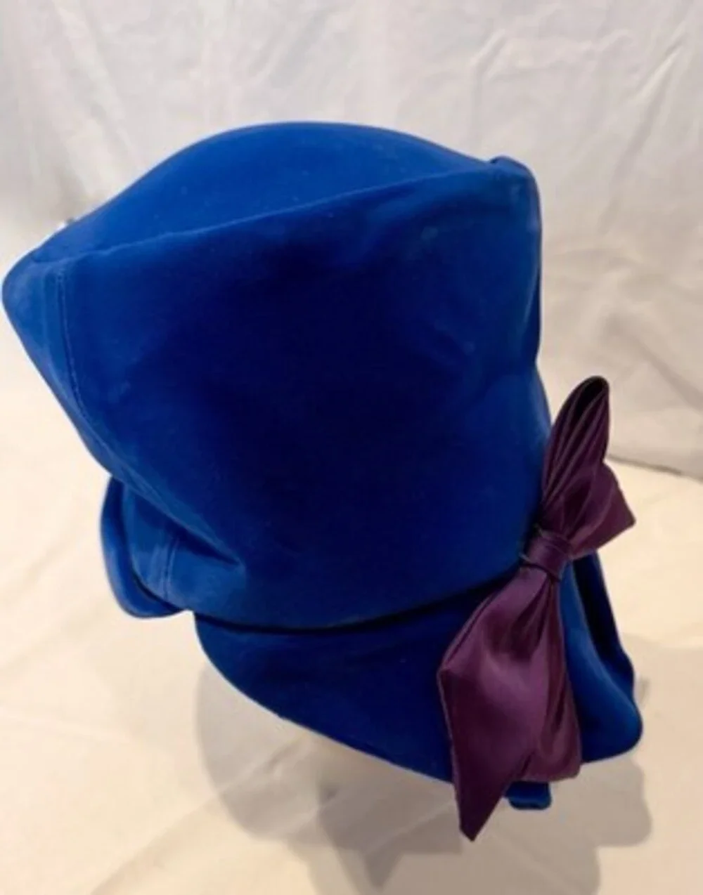 Blue Velvet Cloche Hat Purple Bow Accent Classic Formal Party One Size